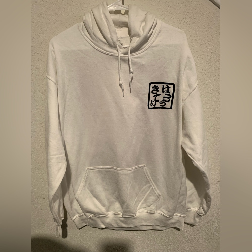 Hello Kitty Sanrio Ancient Japanese Kanji Bird, White Hoodie, Mens Size L
